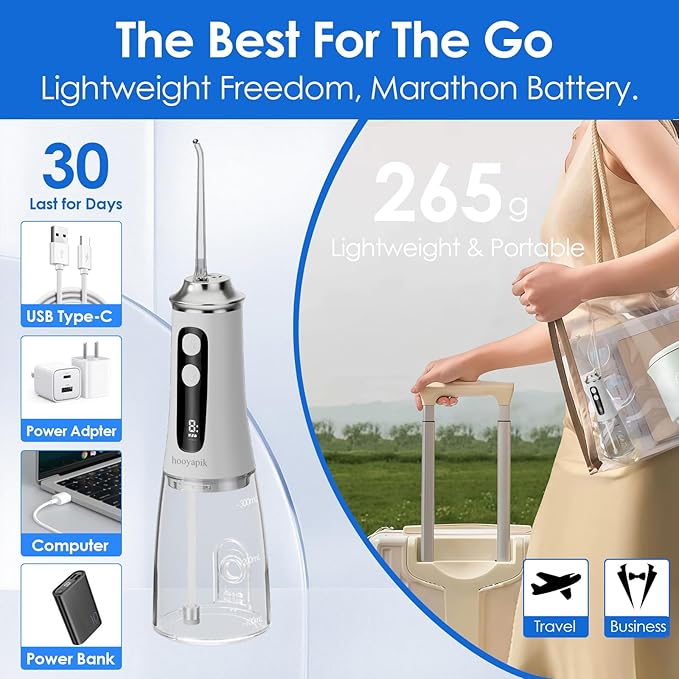 300ml Large Capacity Home Oral Irrigator 9 Modes Water Flosser with Adjustable Pressure for Gum Care/Breath Remover/Dentures (White)