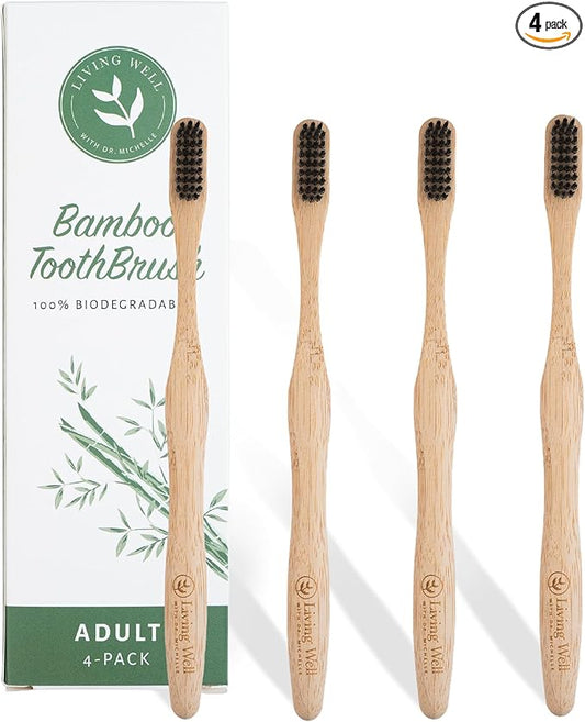 Living Well with Dr. Michelle Bamboo Toothbrushes (4 Pack) Eco-Friendly, Natural, BPA Free & Biodegradable, Infused with Charcoal, Wood Color Tooth Brushes for Adults