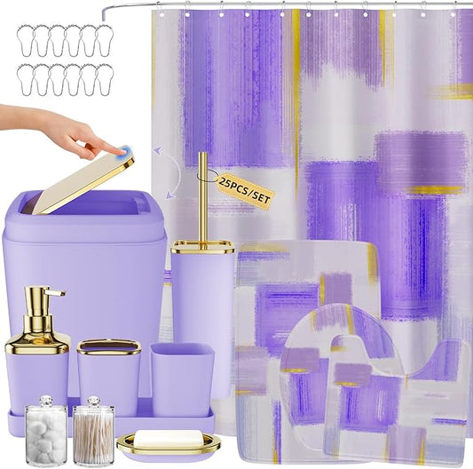 Bathroom Accessories Set - 25PC Bathroom Set with Shower Curtain and Rugs, Purple Bathroom Set, Bathroom Accessory Set with Press-on Lid Trash Can, Soap Dispenser and Qtip Holders