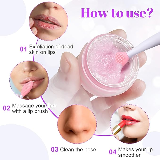4pcs Lip Scrub Brush, Silicone Heart Lip Exfoliator Brushes Scrubber Tool, Double-Sided Oval Lip Cleaning Exfoliating Remove Dead Skin Tool for Men Women Dark Lips- Pink & Green & Blue