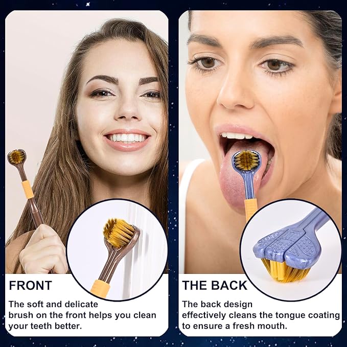 4-Piece Set of 3-Sided Medium toothbrushes for Adults, Soft Bristle Toothbrush for Comprehensive Care of Teeth and Gums, Suitable for Adult and Youth (Black, White, Brown, Blue, Adults)