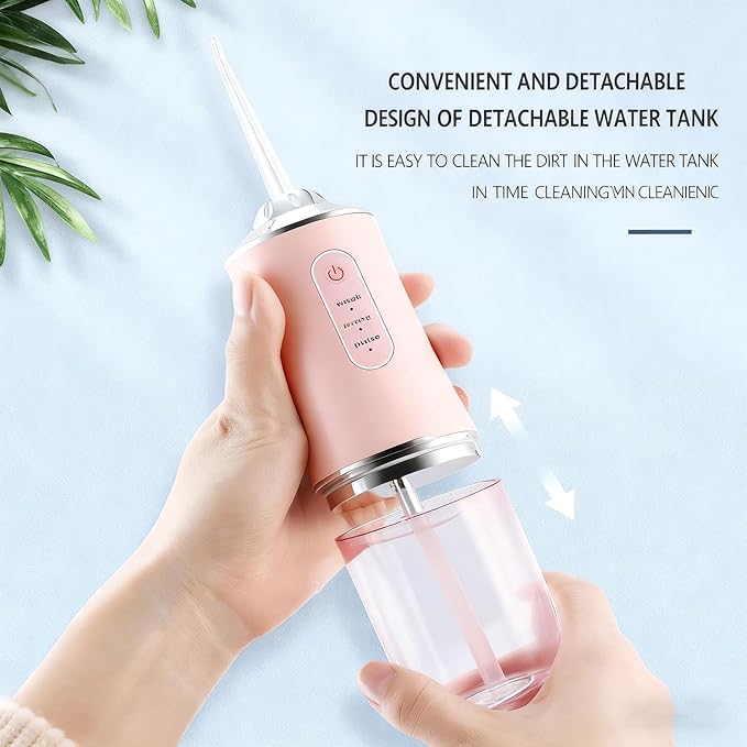 Water Dental Flosser Teeth Pick, Cordless Portable Oral Irrigator for Teeth, Dentures, and Braces 4 Modes & Jet Tips, IPX7 Waterproof (Pink)