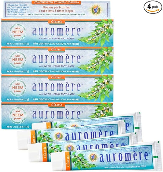 Auromere Ayurvedic Herbal Toothpaste, Classic Licorice Flavor - Vegan, Natural, Non GMO, Fluoride Free, Gluten Free, with Neem & Peelu (4.16 oz), 4 Pack