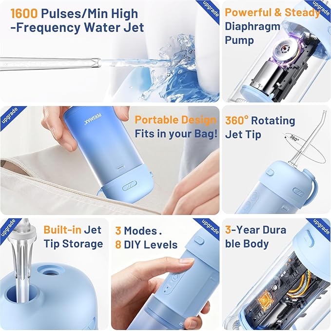 Portable Water Flosser for Teeth Cleaning - Cordless Dental Pick Electric Oral Irrigator for Travel, Kids, with 3 Modes 8 Pressure Settings, 2 Tips, 150ML, Mini Size, IPX7, Gradient Blue