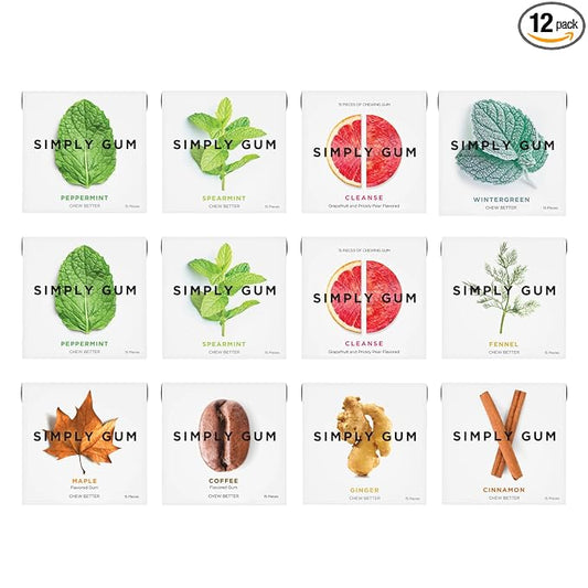 SIMPLY Gum Variety Pack (Assorted Flavors), Plastic-Free Natural Chewing Gum, 12 Pack (180 Pieces) | Vegan, Kosher, Non GMO, Aspartame Free and Sorbitol Free