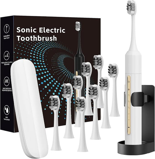 Lumivoid Sonic Electric Toothbrush with 10 Brush Heads for Adults and Children, Up to 30 Days on a Single Charge, 5 Modes, Built-in 2-Minute Smart Timer, IPX8 Waterproof Electric Toothbrush (White)