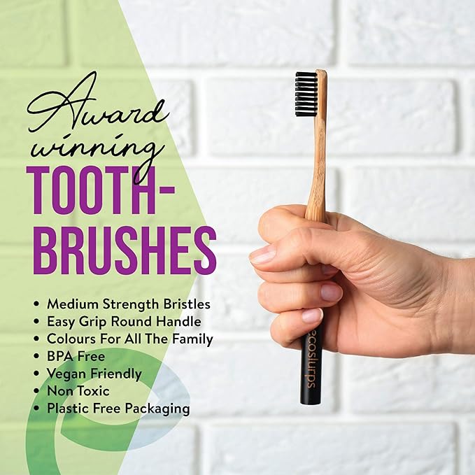 EcoSlurps 4 Bamboo Toothbrushes Multipack - Award Winning Medium Bristle Biodegradable Bamboo Toothbrush Pack (4 Adult Medium, Multi-Colored)