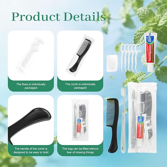 Travel Toothbrush Kit Bulk, Toothbrush Toothpaste Set, Hygiene Kit Bulk with Floss Picks, Comb, Protective Case, Individually Packaged, Suitable for Home, Travel, and Hotels (5-Pack)