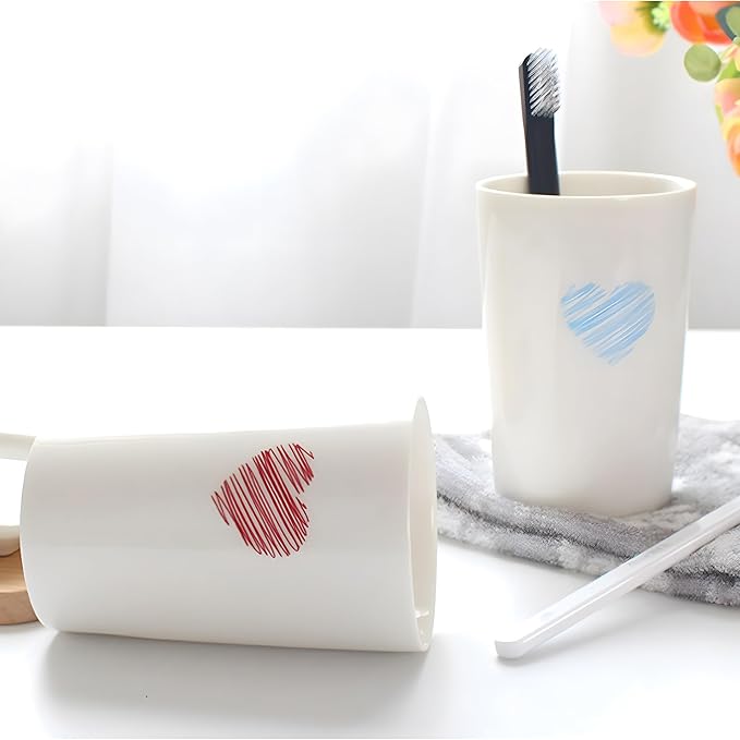 Kelake White Ceramic Tumbler Cup for Bathroom Toothpaste Toothbrush Holders Water Milk Drinks Cup 350 ml Bathroom Red Heart Couples Cup for Christmas Birthday