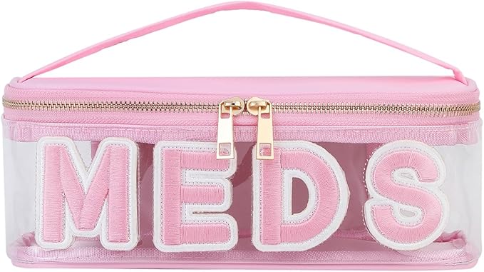 Clear PVC Letter Patch MEDS RX Makeup Bag with Metal Zipper,Large Capacity Nylon Transparent Medicine Bag with Top Handle,First Aid Travel Organizer Cosmetic Bag(02Pink MEDS)