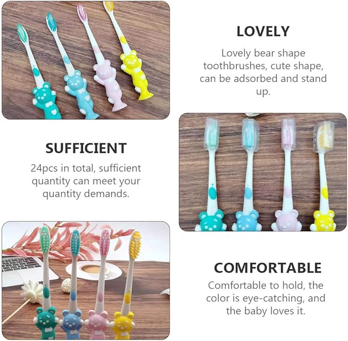 HOMOCONO 24pcs Bear-Shaped Toothbrush Soft Bristles Ergonomic Handle for Oral Care Pink Green Blue Yellow Comfortable Grip for Boys