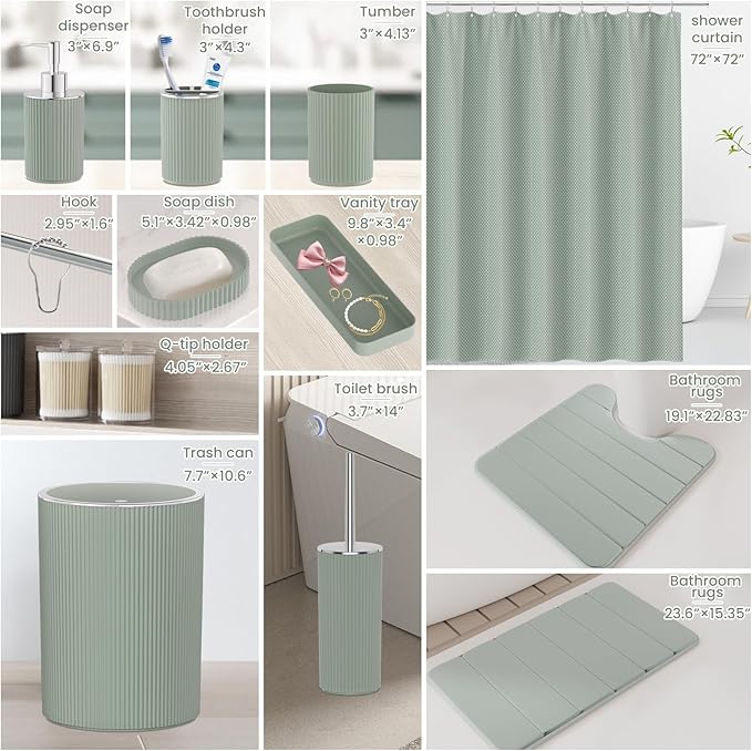 Sage Green Bathroom Accessories Set - Bathroom Sets, 25PC Bath Accessory Set, Bathroom Sets with Push Top Trash Can, Shower Curtain and Rugs, Toilet Brush, Trash Can & Soap Dispenser