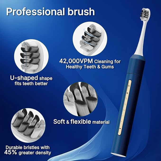 Lumivoid Sonic Electric Toothbrush for Adults & Kids - 10 Brush Heads, 30-Day Battery, 5 Modes, 2-Min Timer, IPX8 Waterproof, Rechargeable & Travel-Friendly (Blue)