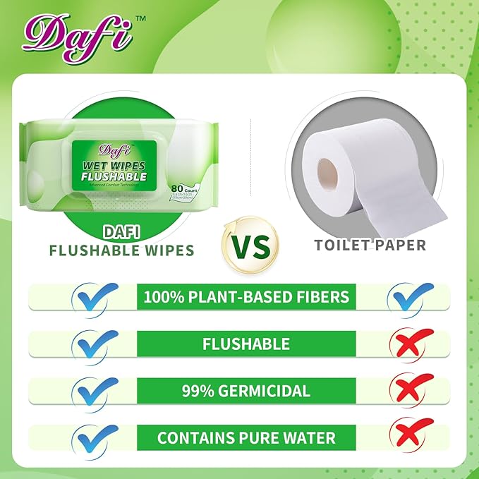DAFI Flushable Wipes for Adult Wet Wipes, Total 240 Unscented Toilet Wipes Flushable, No Alcohol & 100% Plant Based Fibers, Septic and Sewer Safe Pack of 3