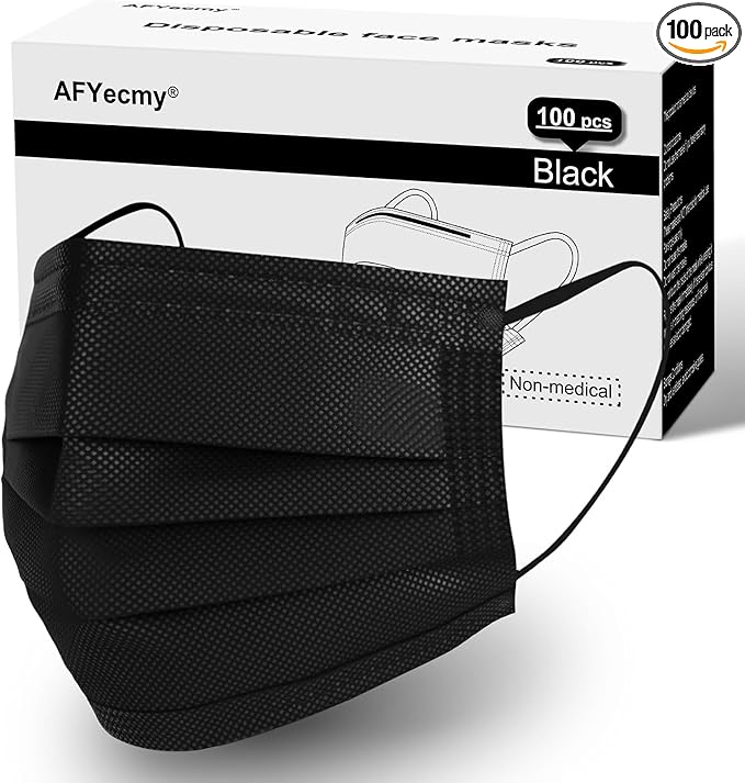 Disposable Face Masks, 3-Ply Breathable Dust Protection for Daily Use, Comfortable Elastic Earloops, Black, 100-Pack