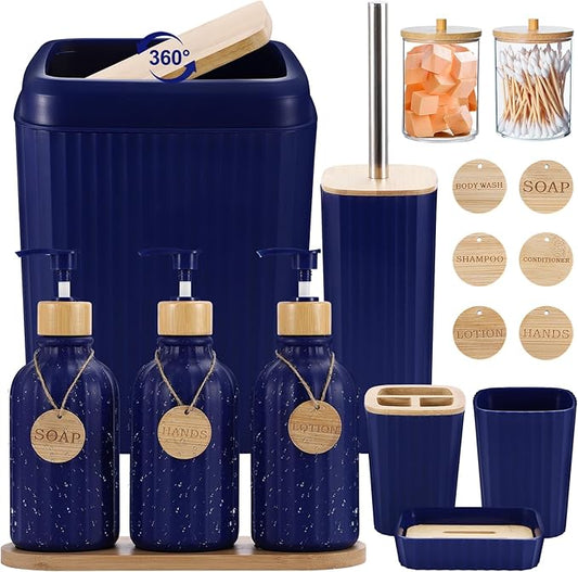 Navy Blue Bathroom Accessories Set 17PCS Bathroom Set with Trash Can 3PCS Lotion Soap Dispenser, Toothbrush Holder,6PCS Wood Tags Bath Accessories with Tray for Kitchen Bathroom
