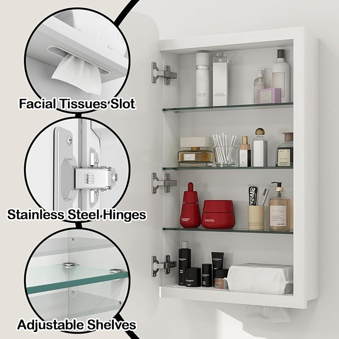 Rectangle Medicine Cabinet with Beveled Edge Mirror, No-Assembly Bathroom Wall Cabinet with Mirror, Adjustable Shelves, Tissue Slot, Recessed or Surface Mount (28" H x 16" W)