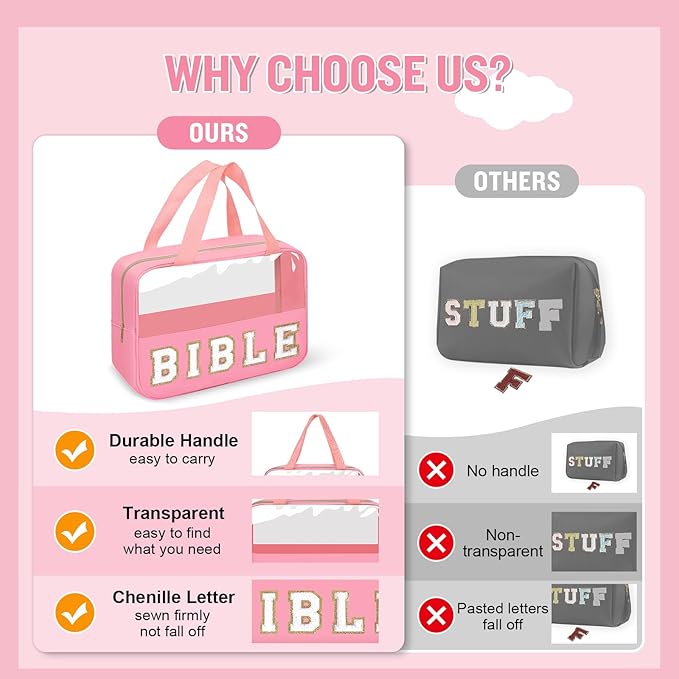Chenille Letter Bible Bag Cover Case for Women,Preppy Bible Study Supplies Church Bag Purse Bible Accessories with Handle Zipper,Waterpoof Travel Makeup Bag Christmas Christian Gifts(BIBLE-Pink)