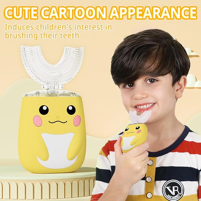 Kids Electric U Shaped Toothbrush Children Rechargeable Sonic Toothbrush with 6 Soft Brush Head Automatic Full Mouth 6 Cleaning Modes -Age8-15 Yellow