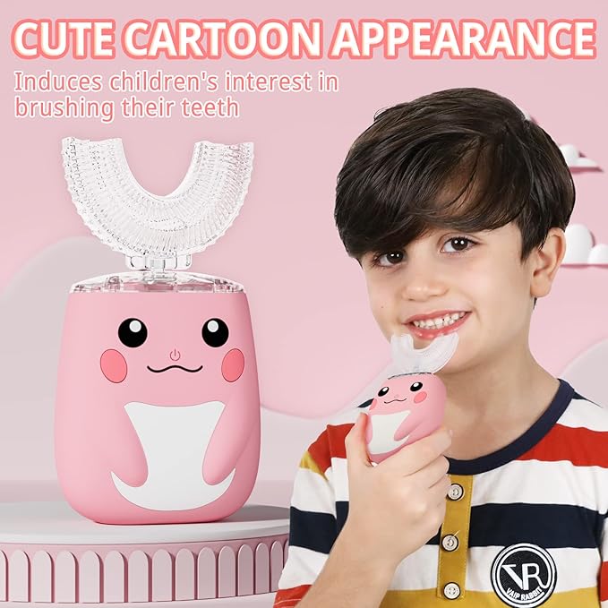 Kids Electric U Shaped Toothbrush Children Rechargeable Sonic Toothbrush with 6 Soft Brush Head Automatic Full Mouth 6 Cleaning Modes -Age2-7 Pink