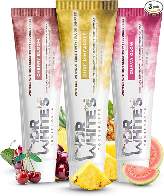 Dr. White’s Signature Flavor Trio — Bright Smile | Fluoride-Free Nano-Hydroxyapatite Toothpaste Set, 3 × 3.5 oz | Mint-Free | Dentist-Formulated | Enamel-Identical Mineral Care