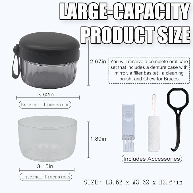 Denture Case, Leak Proof Denture Bath Cup for Travel, Large-Capacity Denture Storage Cup, Comprehensive Cleaning Kit for Dentures, Retainers and Night Guards