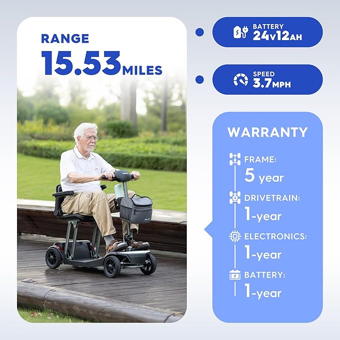 Mobility Scooters for Seniors & Adults Lightweight Foldable 15.53 Miles Airline Approved Removable Battery Powered Wheelchair with Detachable Front Bag & USB Charger Port