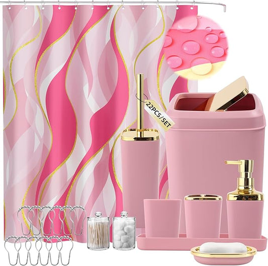 Pink Bathroom Set, Bathroom Sets with Stripe Shower Curtain, Pink and Gold Bathroom Accessories with Trash Can, Soap Dispenser, Soap Dish, Toilet Brush Holder, Qtip Holders for Bathroom
