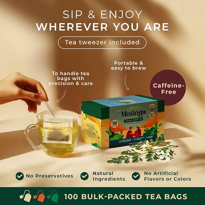 Gya Tea Co Moringa Leaves Herbal Tea Bags (100 Bags) - Caffeine Free with a Tangy Flavor for All Day Comfort, Calming, Relaxing & Nourishing - Fruit & Herbal Blends
