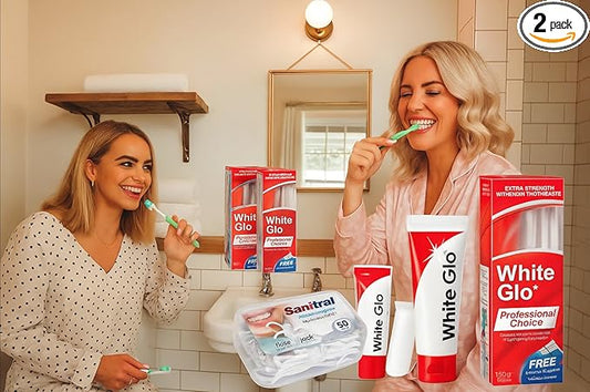 White Glo Extra Strength Whitening Toothpaste Professional Choice 100ml - 2 Packs with Sanitral 50 Pcs Dental Floss Stick Included as a Gift