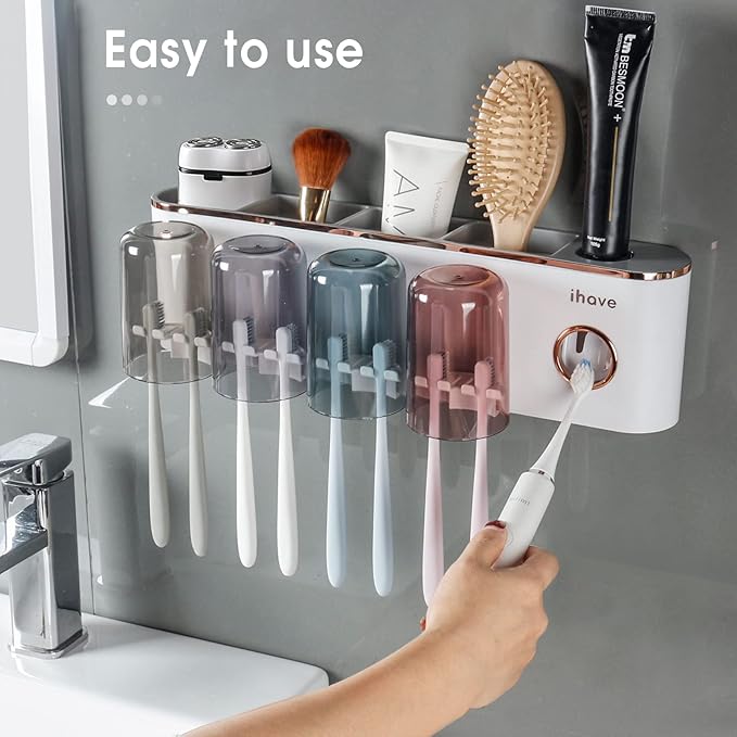 iHave Toothbrush Holders Bathroom Accessories with Toothpaste Dispenser, 4 Cups Toothbrush Holder Wall Mounted Bathroom Decor