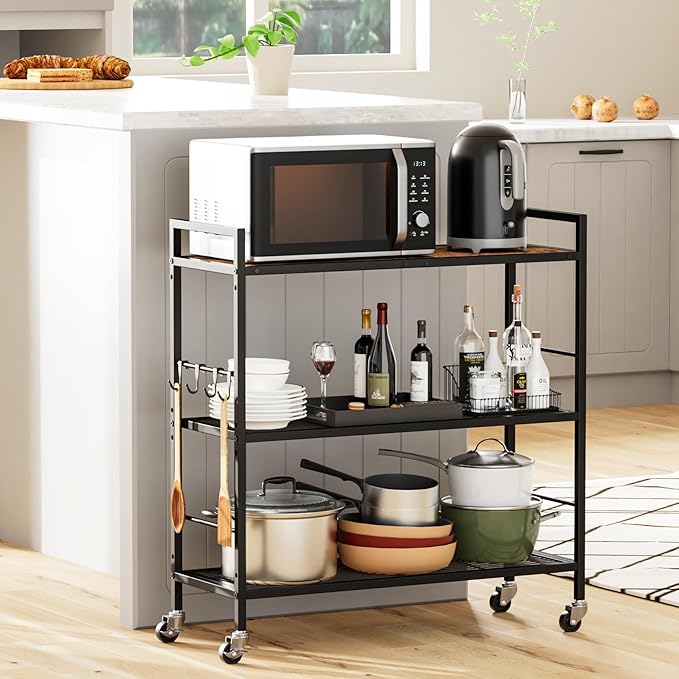 XIVIRACK 3-Tier Metal Storage Rack with Industrial Wheels,Mesh Shelving Unit with Wooden Table top,Adjustable Shelf,31.5-Inch Width, for Kitchen, Laundry,Pantry,Plant,Black