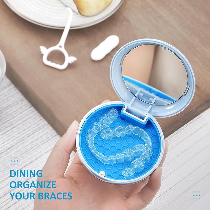 Retainer Case with Mirror,Slim Aligner Case with Vent Holes,Cute Dental Brace Box with Retainer Removal Tool and Brush (Blue Blue)