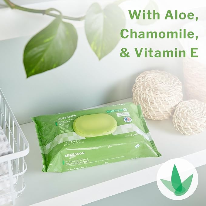 McKesson Flushable* Adult Wet Wipes – 576 Wipes (6 Pack of 96) – Aloe & Vitamin E, Plant-Based Cleansing Wipes, Scented
