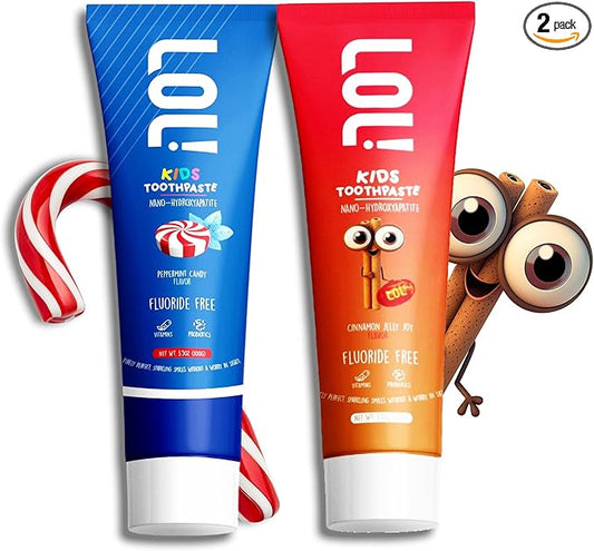 LOL Kids Fluoride-Free Toothpaste 2-Flavors Pack | Nano-Hydroxyapatite, Probiotics, Vitamins A, C, E | Safe if Swallowed, No SLS | 1 Peppermint, 1 Cinnamon Flavor