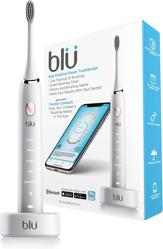 Blu Smart Electric Toothbrush, Power Sonic Toothbrush with Interactive Live Tracking App for Adults (White)