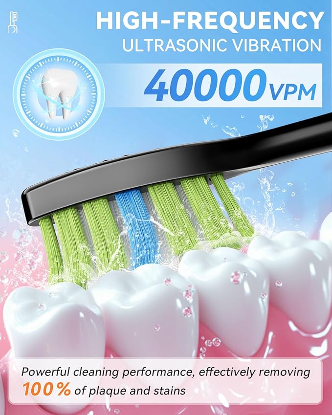 Sonic Electric Toothbrush with 40000VPM Cleaning Power for Adults&Kids, 60-Day Battery Life Rechargeable Power Toothbrush with 5 Modes, 2-Min Smart Timer, 7 Brush Heads & Travel Case (Black, 1 Count)
