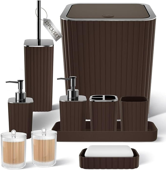 Bathroom Accessories Set - Gorgeous Bathroom Set, 10PC Brown Bathroom Accessories, Bathroom Accessory Set, Toilet Brush, Trash Can, Qtip Holder Dispenser & Soap Dispenser
