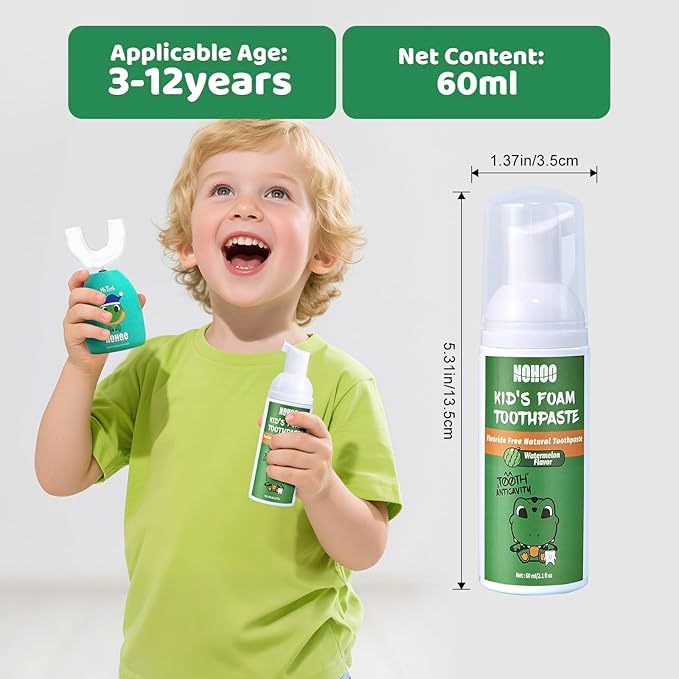 NOHOO Fluoride Free Foam Toothpaste Kids Fruit Flavour,Natural Training Toothpaste for Baby Toddler Children Oral Cleaning and Cavity Protection(2 Strawberry + 2 Watermelon)