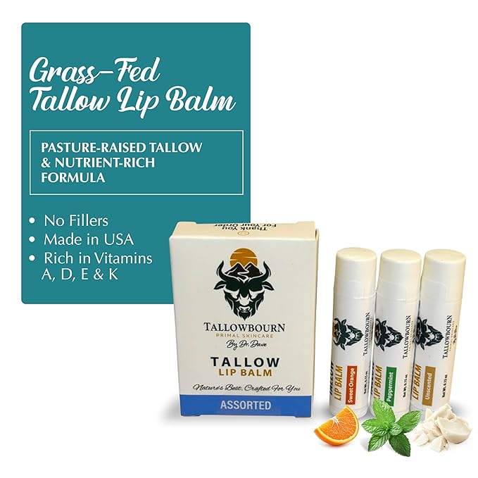 Moisturizing Tallow Lip Balm – Grass-Fed Beef Tallow with Organic Coconut Oil, Beeswax, and Vitamin E – Lip Balm Set – Variety Pack – Travel Essential – 3-Pack