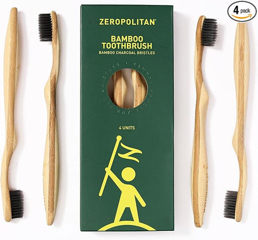 Eco-Friendly Bamboo Toothbrush Set of 4 - Soft Bristle Toothbrush with Ergonomic Handles & Charcoal Bristles – Low Waste & Biodegradable Personal Care Essentials