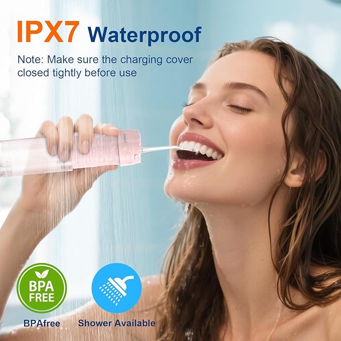 Portable Water Flosser for Teeth with Exquisite Travel Case, Cordless Rechargeable Mini Oral Irrigator with Removable Tank, IPX7 Waterproof, 4 Modes & 4 Jet Tips for Tooth Cleaning (Pink)