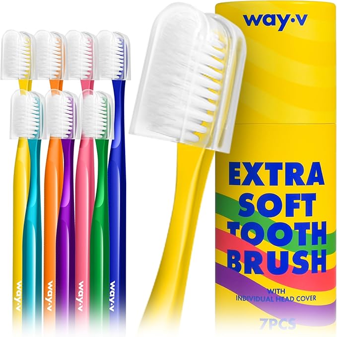 WAY.V Extra Soft Toothbrush for Adults Sensitive Gums and Teeth with Individual Head Covers, 7 Pcs Manual Toothbrushes - Family and Guests (7 Counts, Soft Bristle)