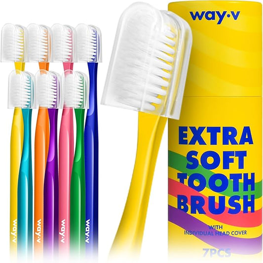 WAY.V Extra Soft Toothbrush for Adults Sensitive Gums and Teeth with Individual Head Covers, 7 Pcs Manual Toothbrushes - Family and Guests (7 Counts, Soft Bristle)