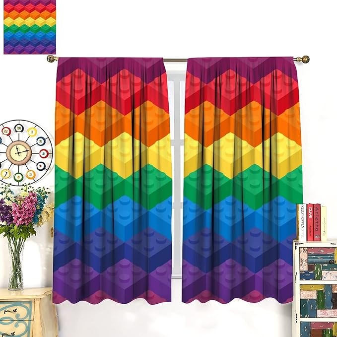 Colorful Building Blocks Cartoon Toy Printed Curtains, Bedroom, Living Room, Architecture, Curtains, Fun Brick 3D Design Curtains, Children's Living Room, Window Treatment Panels 2 Panels 42x63in