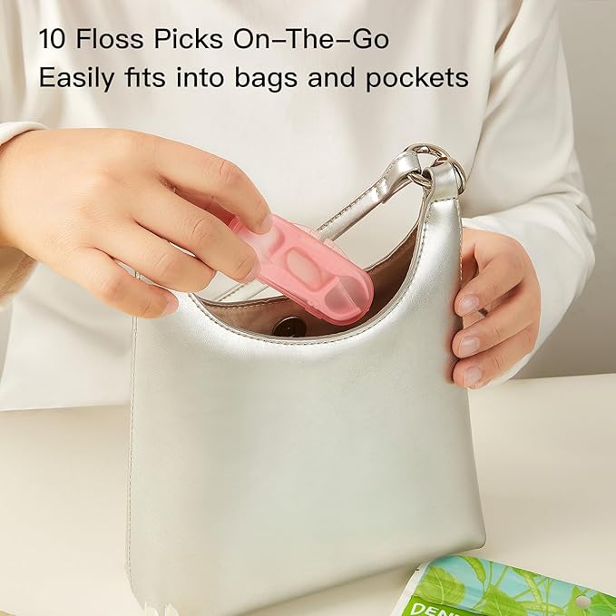 Pink Mint Dental Floss Picks, 2 Portable Travel Cases (10 Picks) + 65 Refills, Double-Line Flossers for Tight Teeth, Fresh Breath, Plaque Removal, BPA-Free, On-The-Go Oral Care