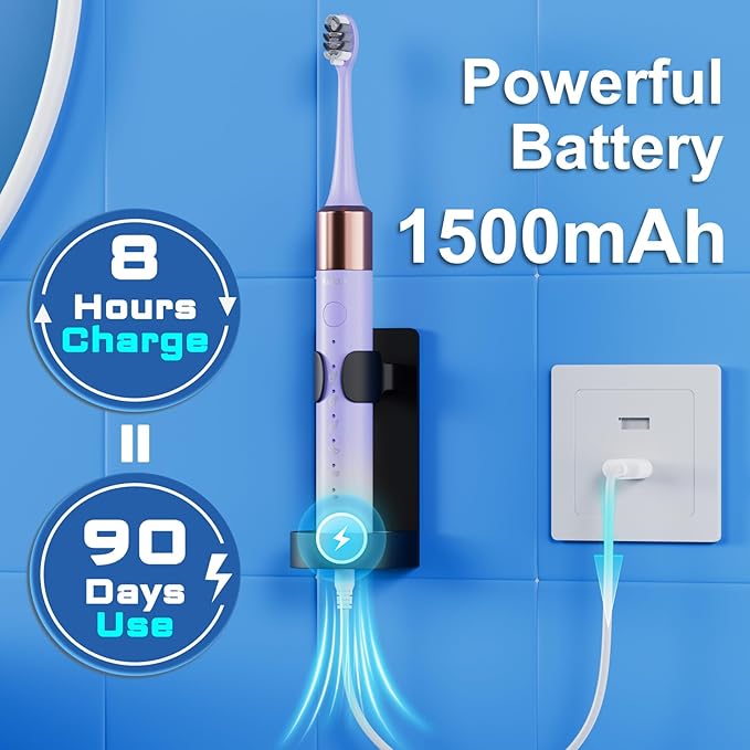 Sonic Electric Toothbrush for Adults & Kids, Rechargeable Electric Toothbrush with 10 Brush Heads & Travel Case, Teeth Whitening, Holder, Charge for 120 Days - Purple