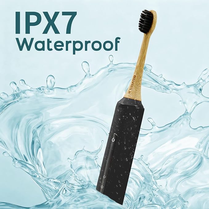 Bamboo Electric Toothbrush for Adults丨Rechargeable Electric Toothbrush with 3 Non Toxic Charcoal Infused Bamboo Brush Heads, 5 Cleaning Modes, 60 Days Battery Life, IPX7 Waterproof-Black