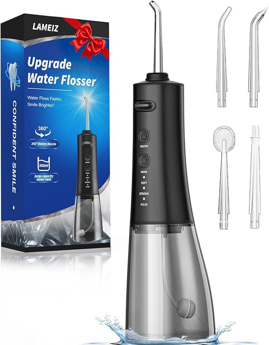 Water Flosser, 300ML Portable Cordless Water Dental Flossers for Teeth Deep Cleaning, IPX7 Waterproof Rechargeable Electric Oral Irrigator Teeth Pick for Travel Home Use and Braces Care (Black)