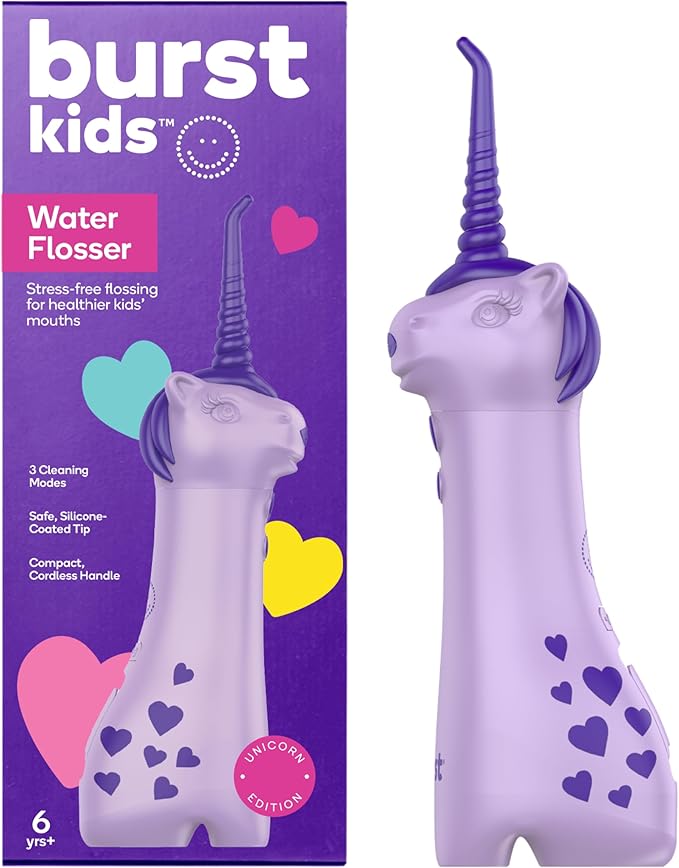 BURST Kids Water Flosser (Unicorn) | Cordless & Rechargeable Water Flosser for Teeth | 3 Gentle Pressure Modes | Silicone Safety Tip | Braces-Friendly | Fun, Kid-Safe Design | 155mL Water Tank